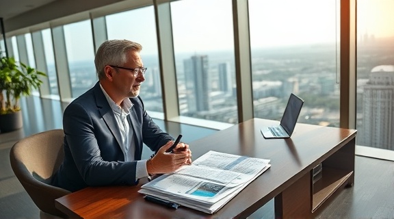 professional policy consultation expert, reassuring, discussing coverage options, photorealistic, high-rise office with panoramic windows, highly detailed, insurance policy documents on table, Panasonic LUMIX S PRO 50mm f/1.4 lens, natural sunlight, bright tones