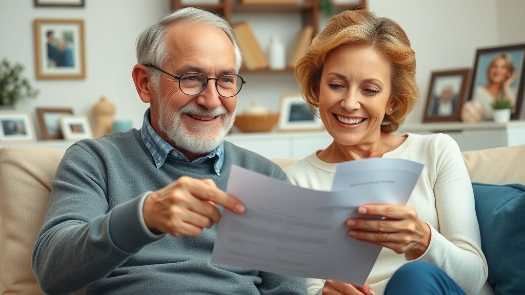elderly couple reviewing burial insurance quotes paperwork in a cozy home environment