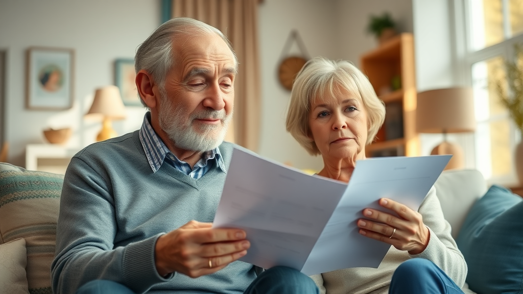 concerned senior couple reviewing retirement income solutions in cozy home living room