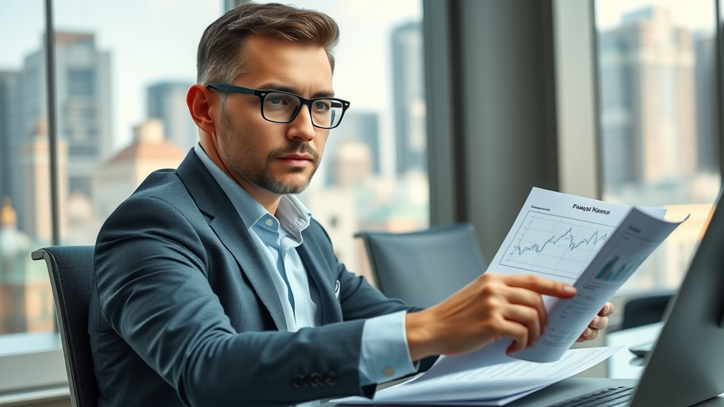 entrepreneur financial strategies analyzing financial reports at modern desk with paperwork and charts, office skyline view
