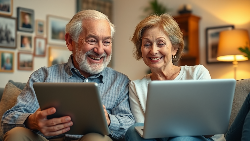 Happy retired couple checking Social Security benefits for maximizing hidden strategies and boosting their nest egg in a cozy living room.