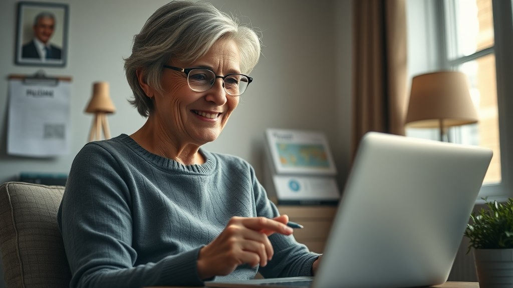 Woman in her 60s researching hidden tax benefits for retirement savings using a laptop; enhancing nest egg growth with tax strategy.