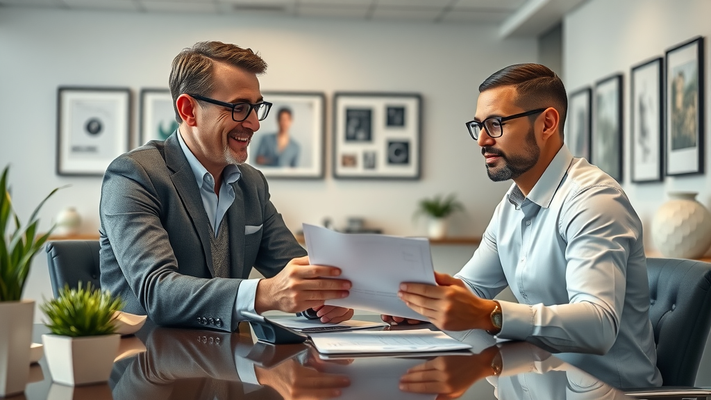 Experienced financial advisor consulting with small business owner, business financial planning, professional office, friendly meeting
