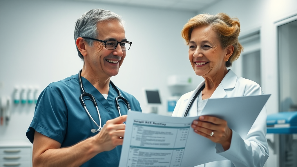 senior woman and healthcare professional discussing medical exam requirements for life insurance in clinic