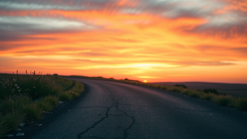 road leading into the horizon, fading into the sunset, suggestive of future possibilities