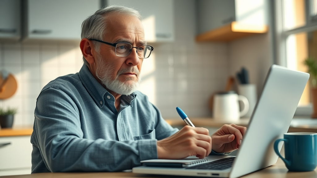elderly man researching burial insurance for seniors, insurance company reviews, kitchen, sunlight, notepad and pen