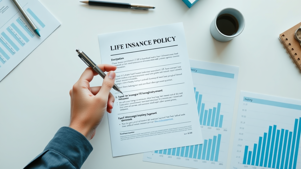Life insurance policy document overlayed on transparent index chart, professional hand holding pen for indexed universal life insurance