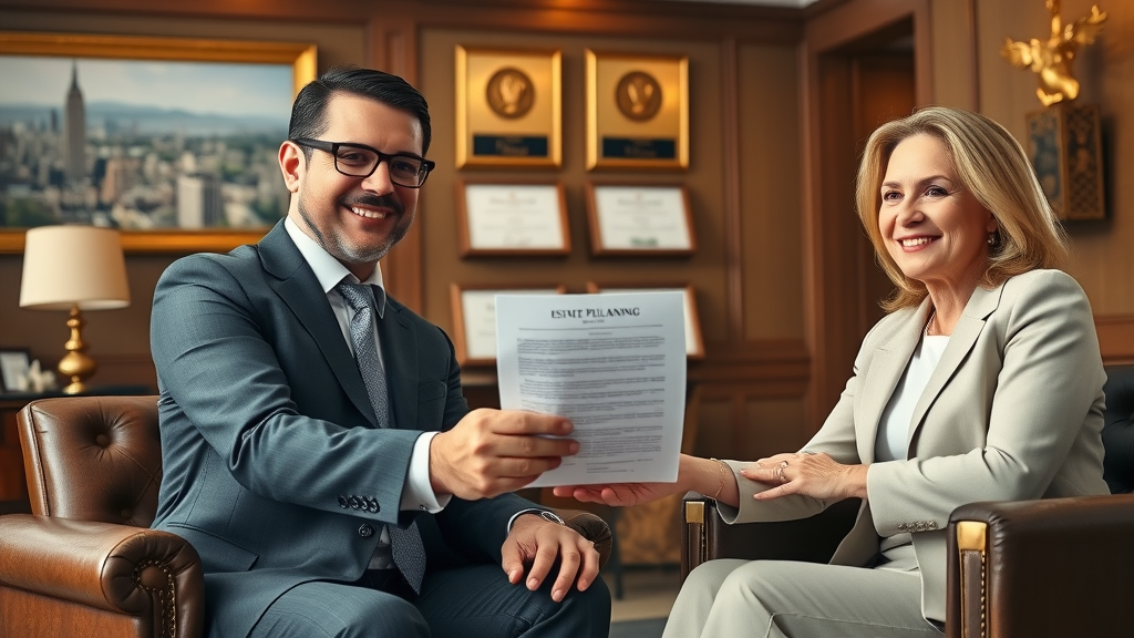 Affluent couple and advisor discussing estate planning with indexed universal life insurance, luxurious office setting