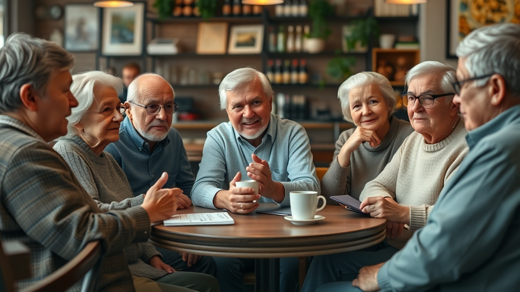 diverse seniors discussing Final Expense Insurance with IUL at coffee shop