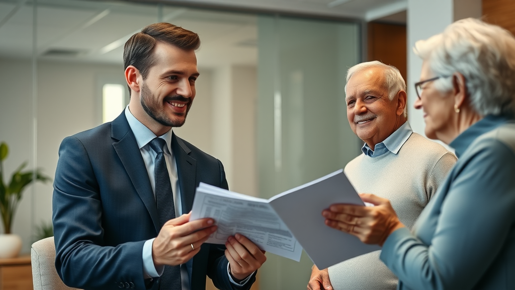 Professional insurance agent explaining life insurance policy features to seniors in modern office