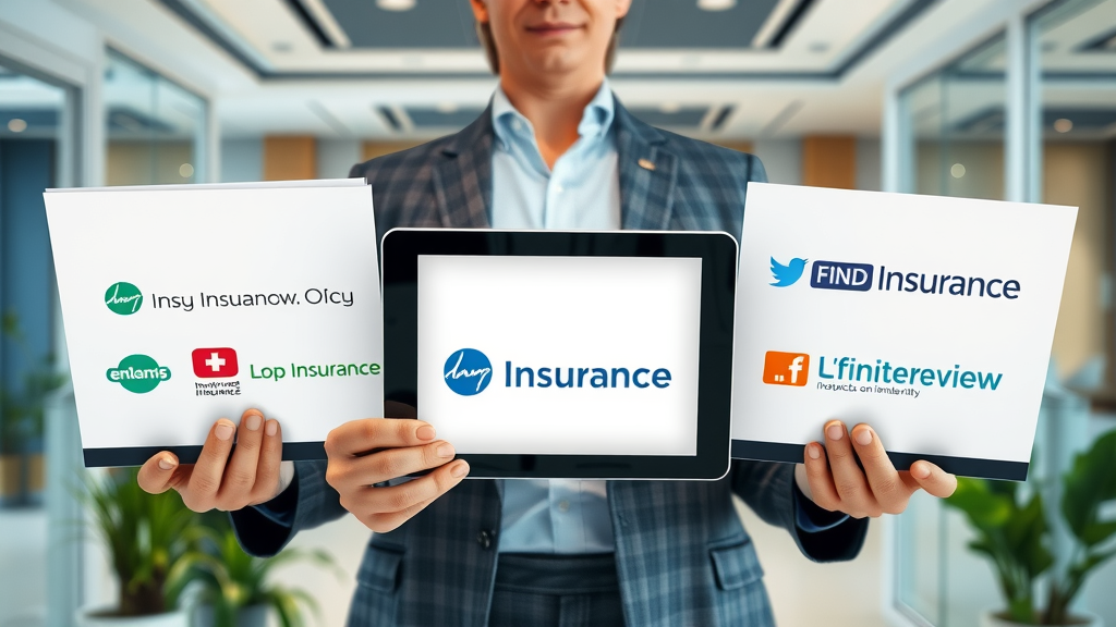 Top final expense insurance company logos displayed neatly on brochures and tablets in a professional office.