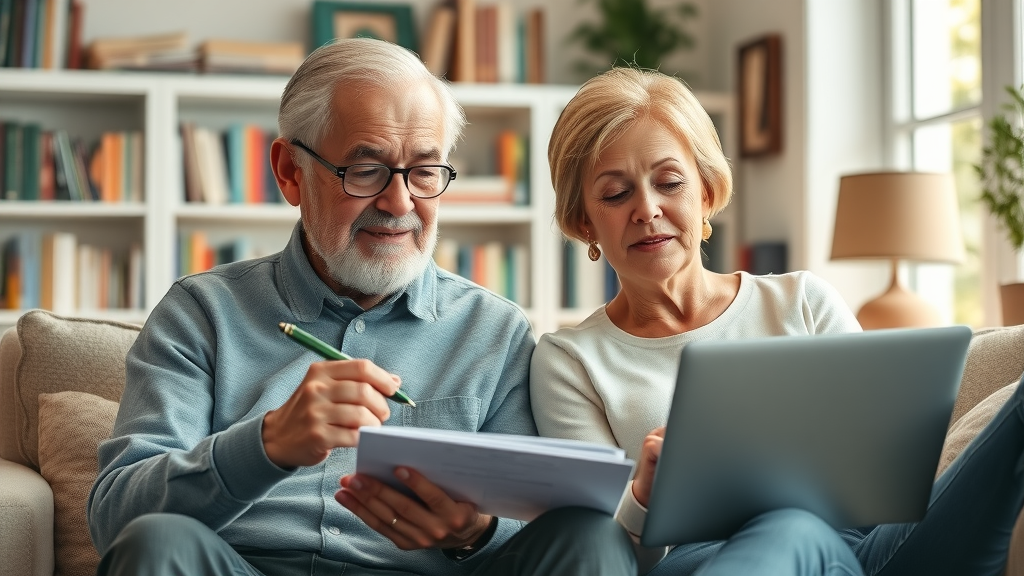 focused senior couple budgeting together with laptop and notepad, reviewing insurance policies
