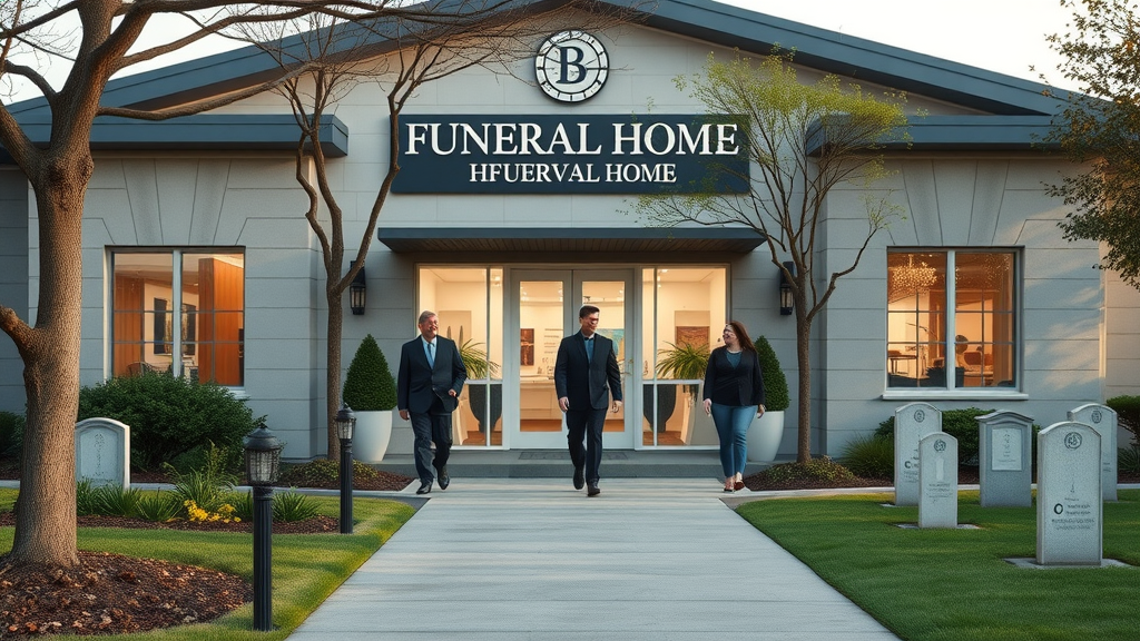 modern funeral home exterior with people, representing a welcoming funeral director working with clients
