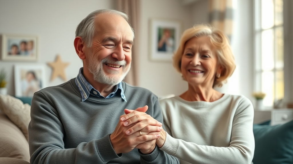 Elderly couple relaxed and smiling, financial security in retirement, cozy living room, content and reassured