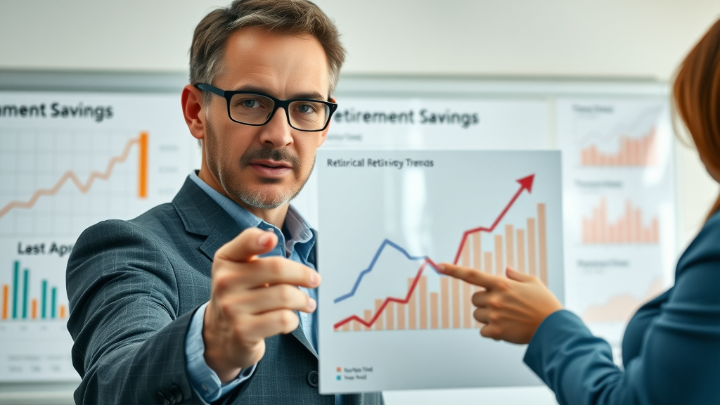 alarming financial graph showing declining retirement savings trends, people pointing at data - retirement planning - department of labor