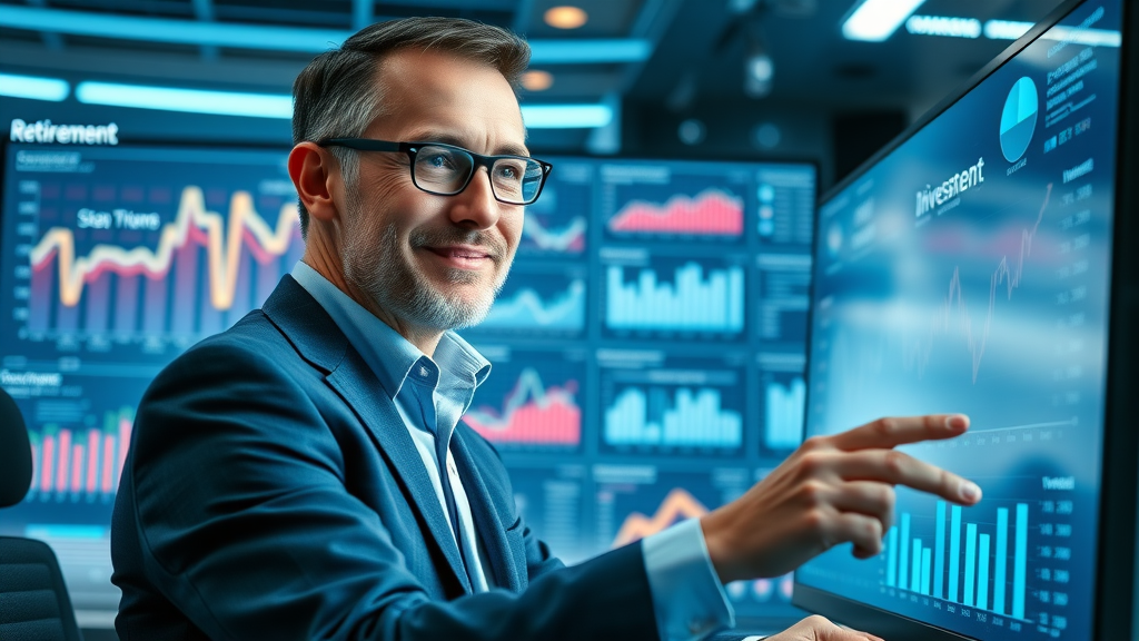 business owner studying diversified retirement income plans, digital investment charts, retirement income for entrepreneurs