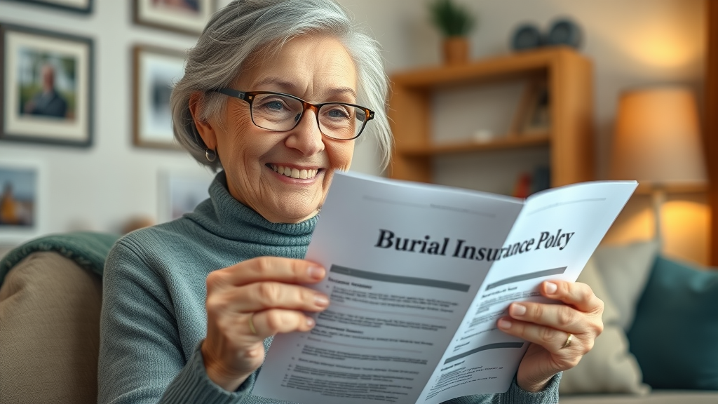 dignified elderly woman holding burial insurance policy folder, peace of mind, living room, reading with glasses