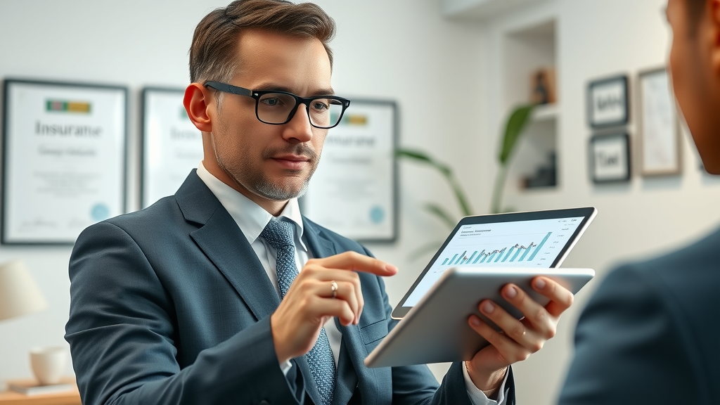 insurance agent illustrating burial insurance quotes on tablet in office with customer