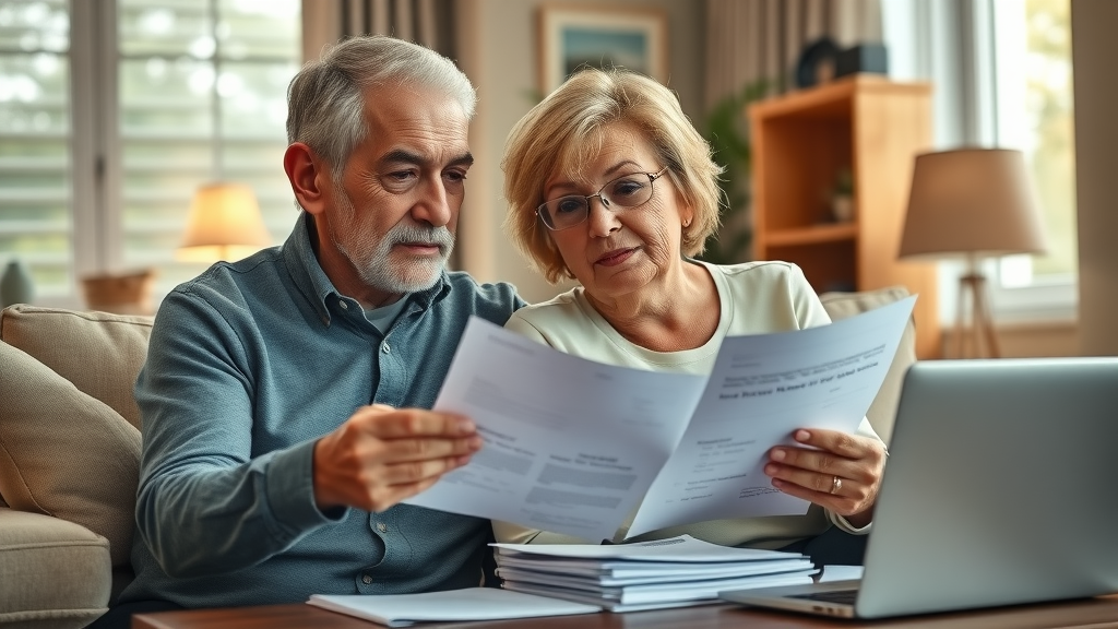 thoughtful middle-aged couple reviewing retirement planning documents - savings plan - retirement plan