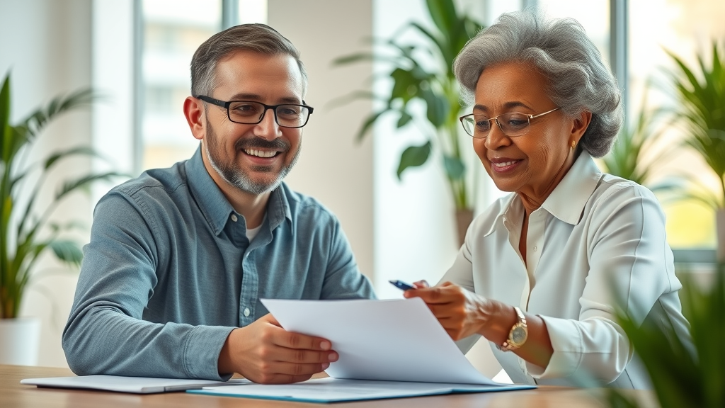 Insurance agent assisting elderly client with final expense life insurance paperwork