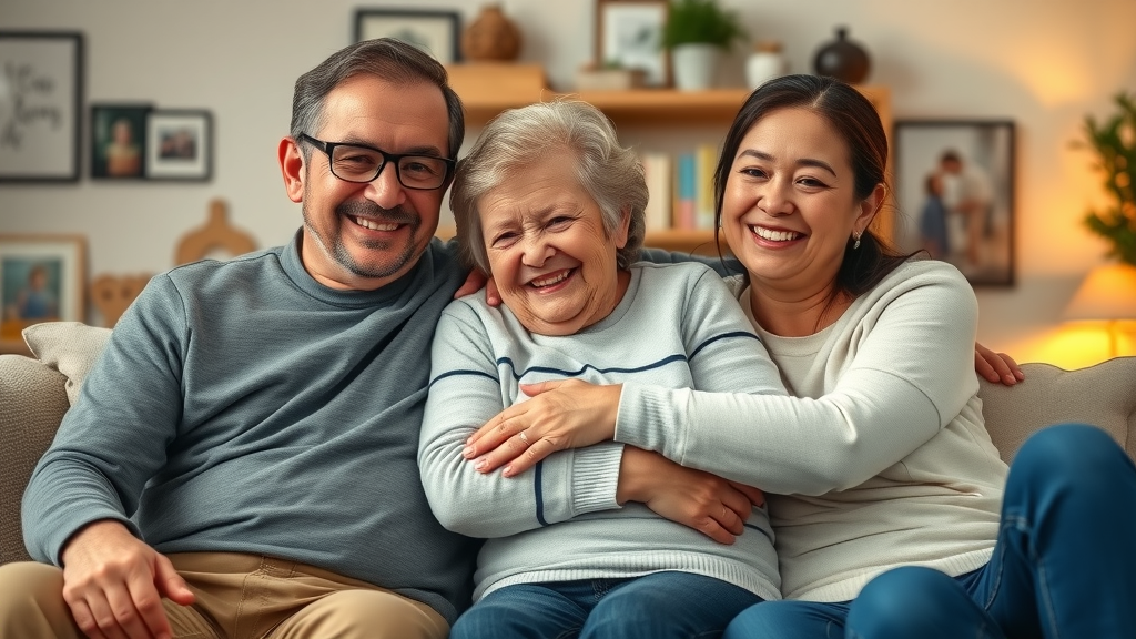 confident multi-generational family sitting together, Final Expense Insurance with IUL might be your secret weapon, cozy living room, warm lighting