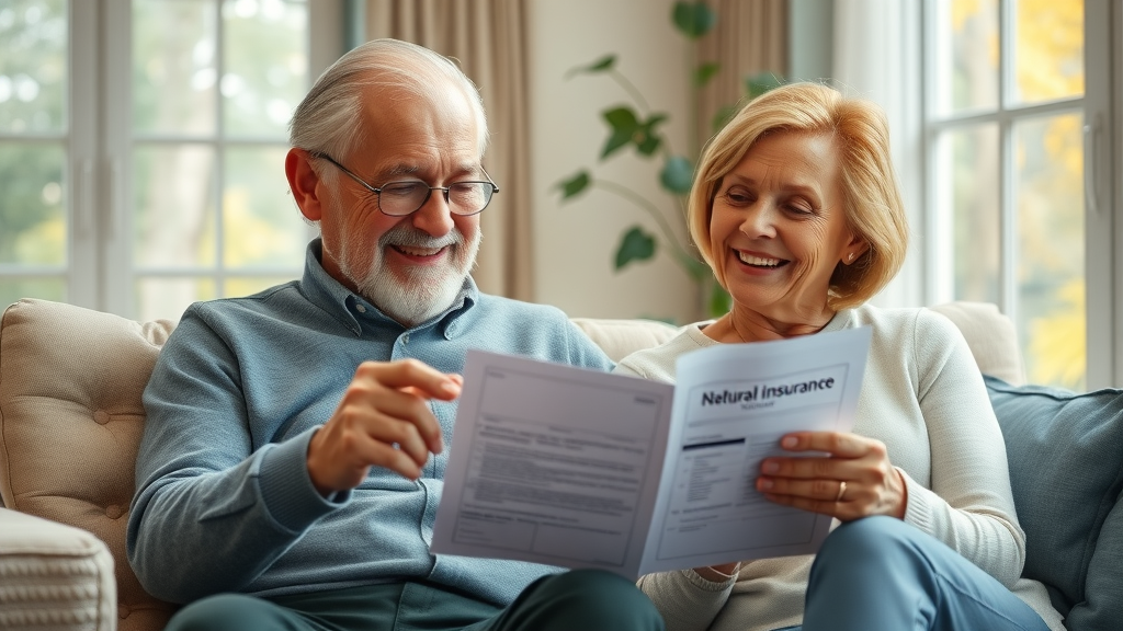 senior insurance benefits elderly couple smiling reviewing insurance documents cozy living room