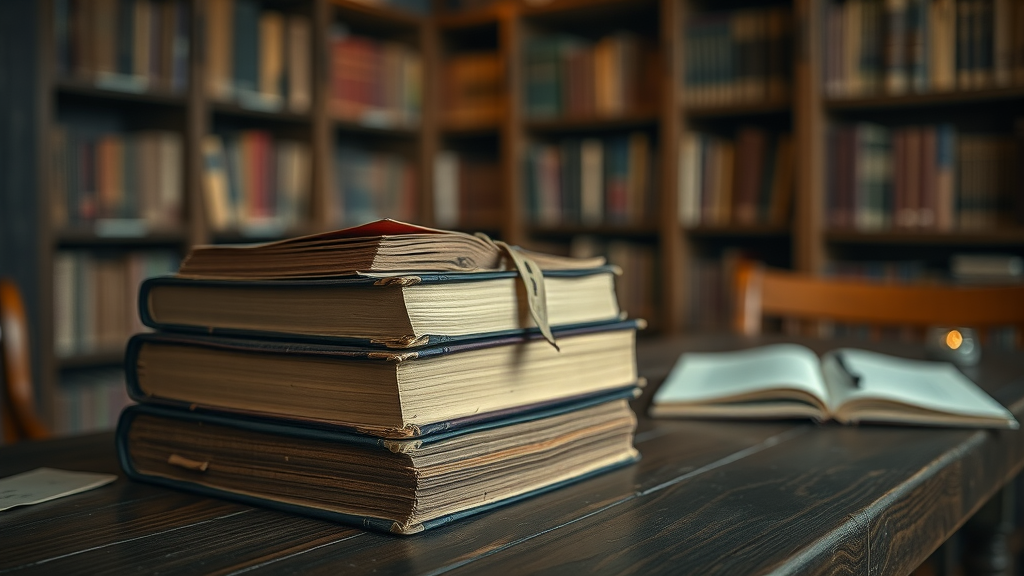 old-fashioned library with a stack of books illuminated by dim light