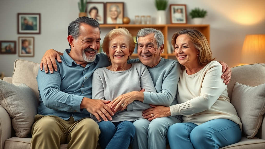A reassured multigenerational family, united and content, together in a comforting living room after purchasing final expense insurance.
