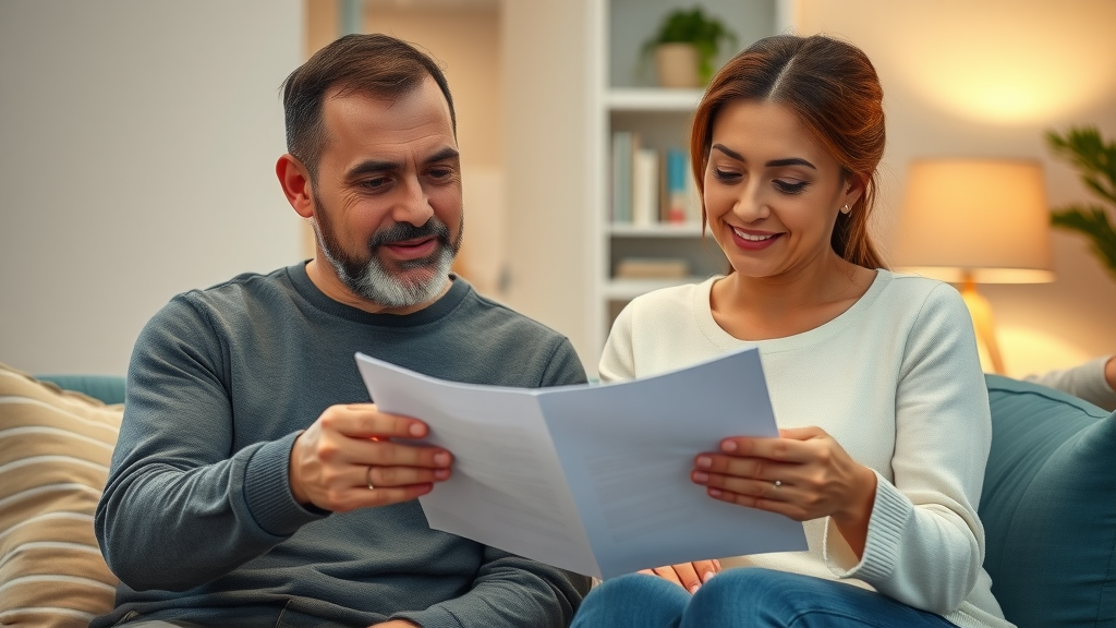 Family reviewing indexed universal life insurance policy together in warmly lit living room, secure and confident expressions