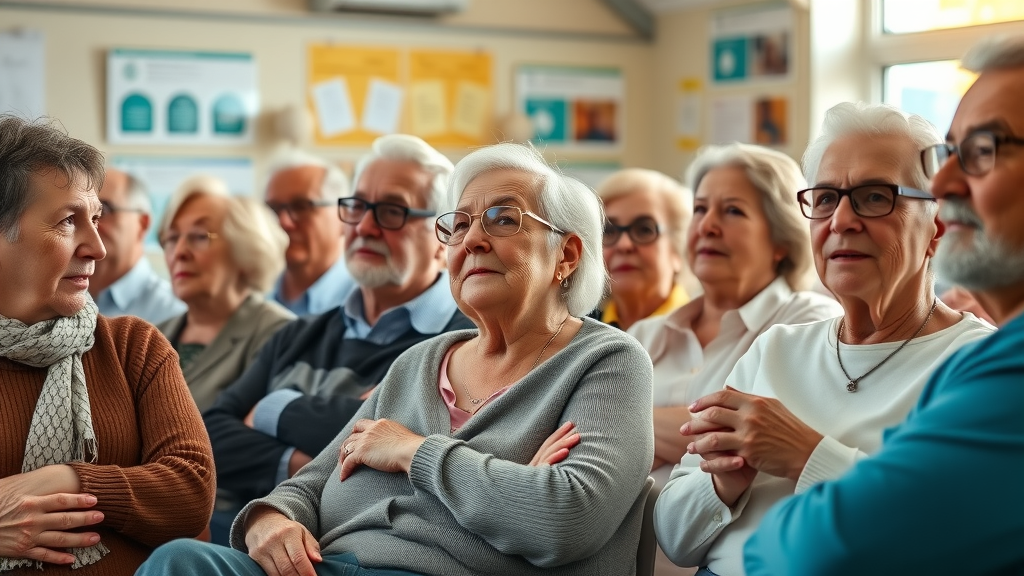 Diverse group of seniors learning about final expense insurance eligibility at a community seminar.