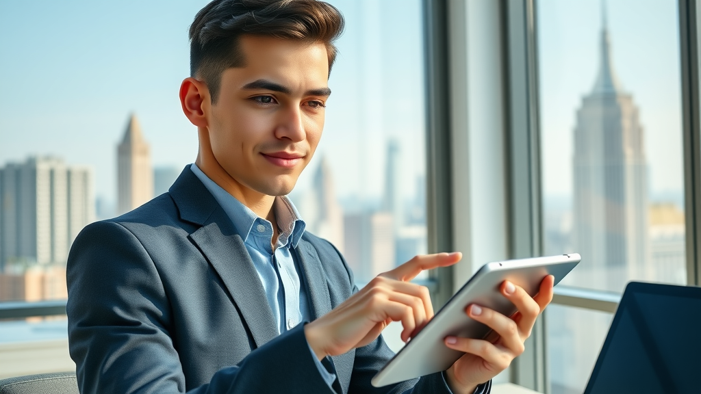 professional young person checking their credit score on a tablet as part of their wealth building strategy