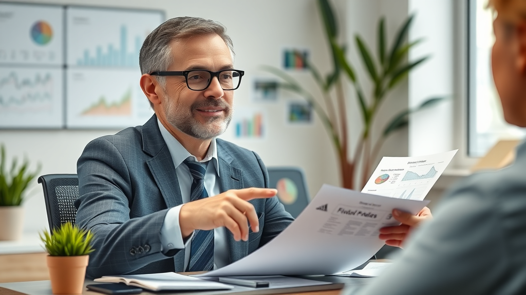 Financial advisor discussing mutual funds and diversified portfolios with client, building retirement wealth strategies
