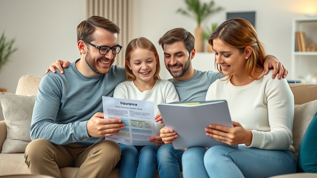 Young family discussing policy features with agent at home (IUL benefits)