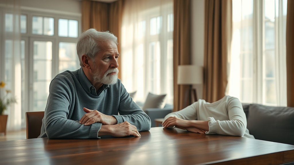 elderly couple discussing prepaid burial plans at table in modern living room