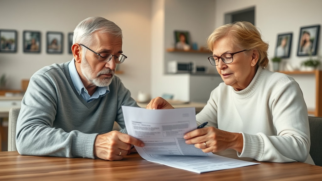 insurance for seniors - senior citizens reviewing insurance paperwork together at a table