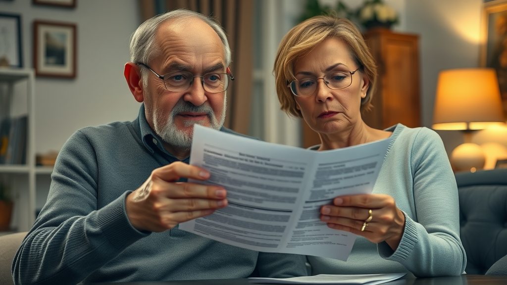 Elderly couple looking concerned while reading the fine print of their indexed universal life insurance policy at home