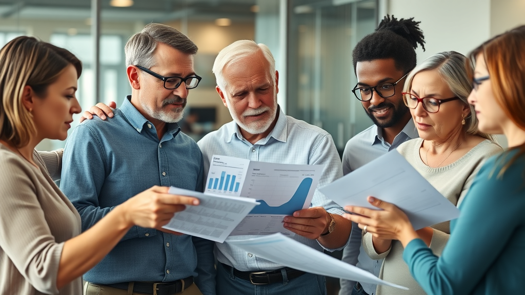 Diverse adults reviewing retirement savings data and financial statements in a modern office, building retirement wealth