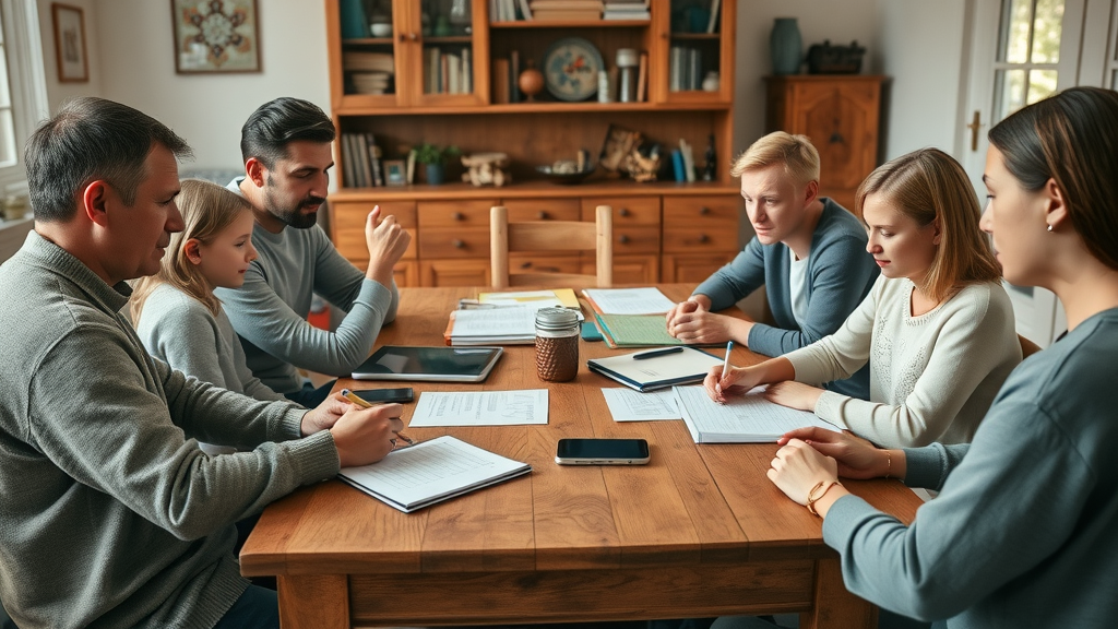 Family discusses end-of-life expenses and plans around a table, emphasizing planning and communication