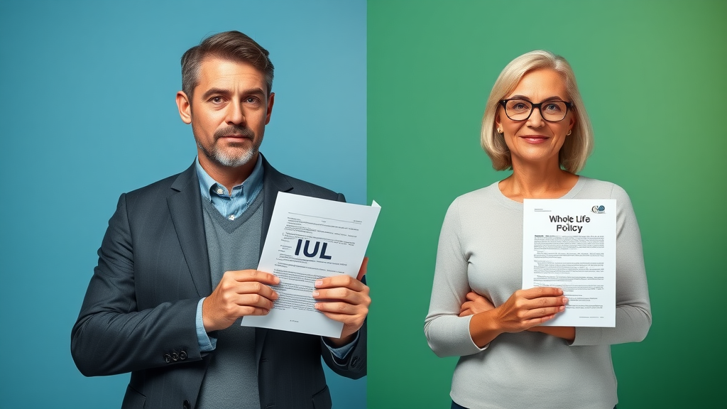 Side-by-side comparison, financial advisor with IUL document and client with whole life policy, evaluating cash value growth