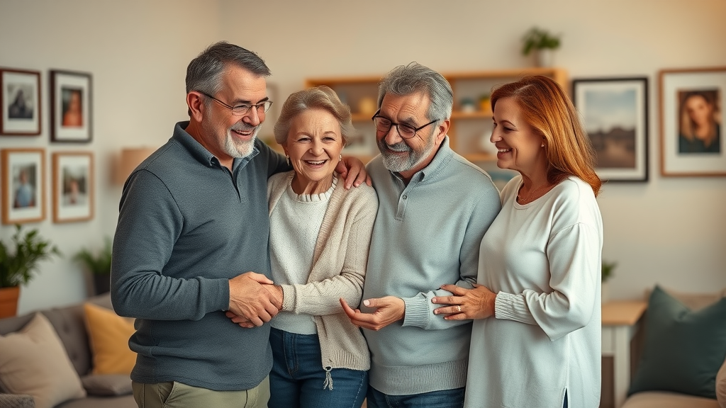 heartfelt multi-generational family gently smiling, standing together with a caring expression, burial insurance, peaceful living room