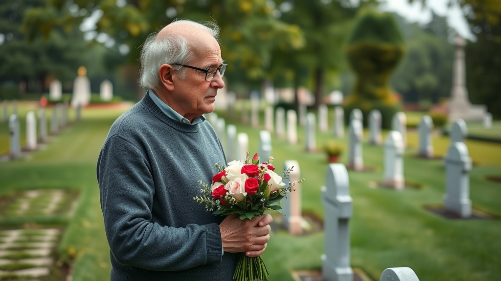 elderly man at cemetery planning funeral expenses
