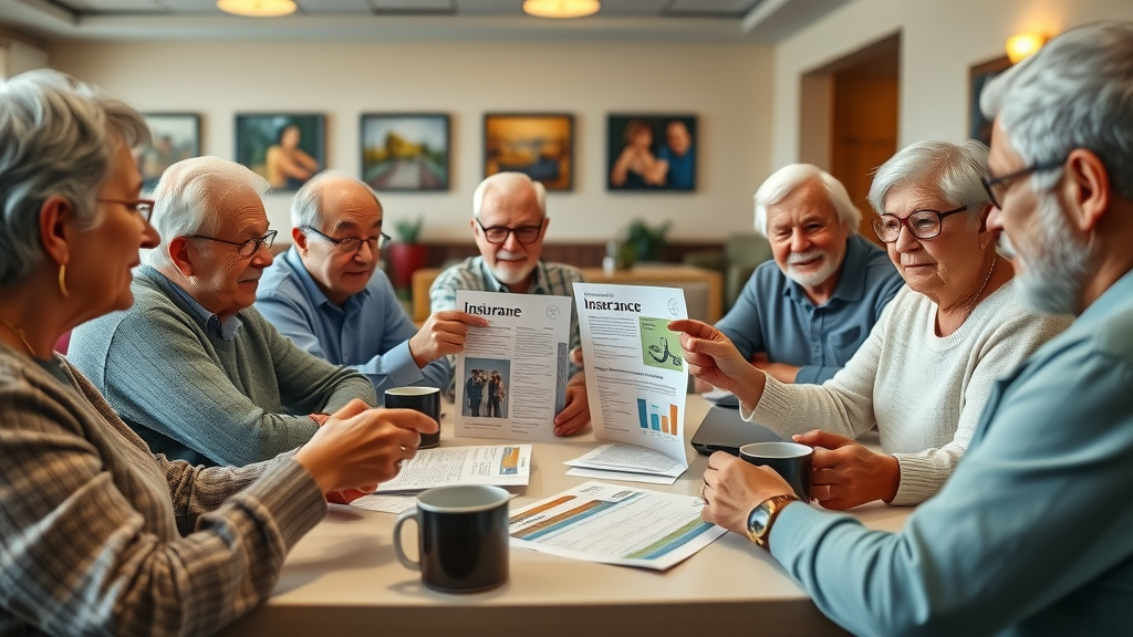 engaged group of seniors collaborating on senior insurance benefit guides community center table