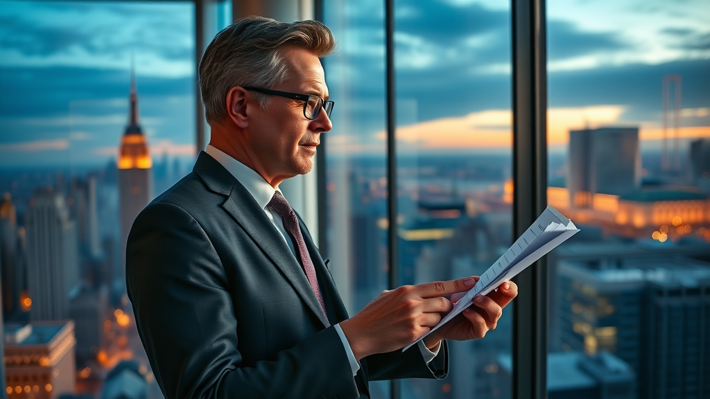 Affluent individual reviewing IUL portfolio in high-rise, showing why high-net-worth people use IUL cash value