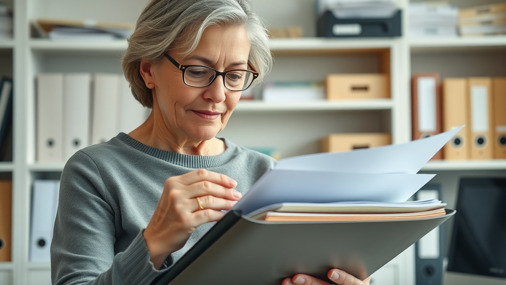 senior woman organizing insurance eligibility documents like ID and residency proof