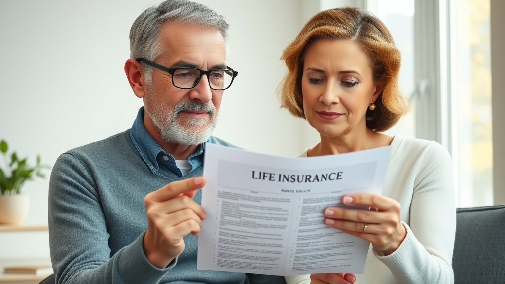 thoughtful senior couple reviewing final expense insurance policy with IUL