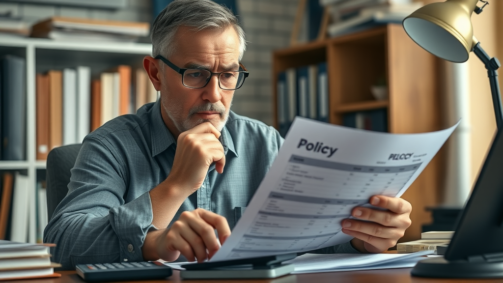 Concerned middle-aged man reviewing policy documents and fee breakdown at his desk | indexed universal life fees