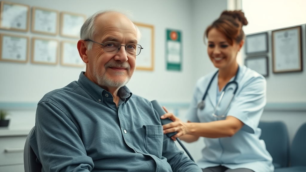 elderly man receiving blood pressure check during medical exam for life insurance for elderly