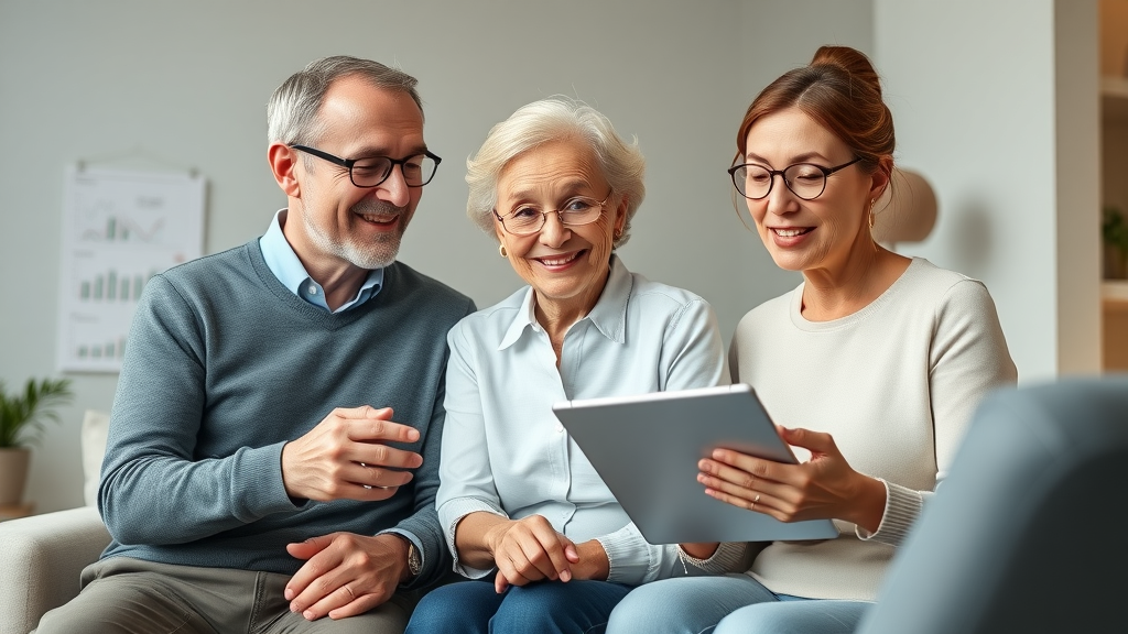 Mature couple planning hidden catch-up retirement contributions with a financial advisor using a tablet, symbolizing advanced saving moves.