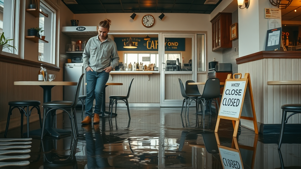 small business café owner assessing water damage after a plumbing leak, business owners policy in action