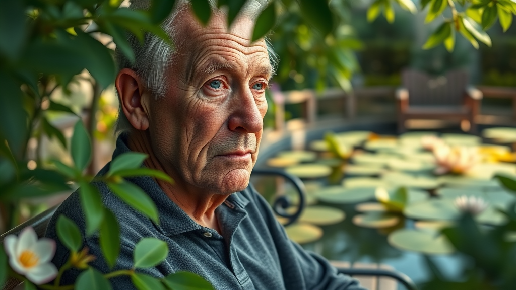 mature person reflecting in a serene garden setting